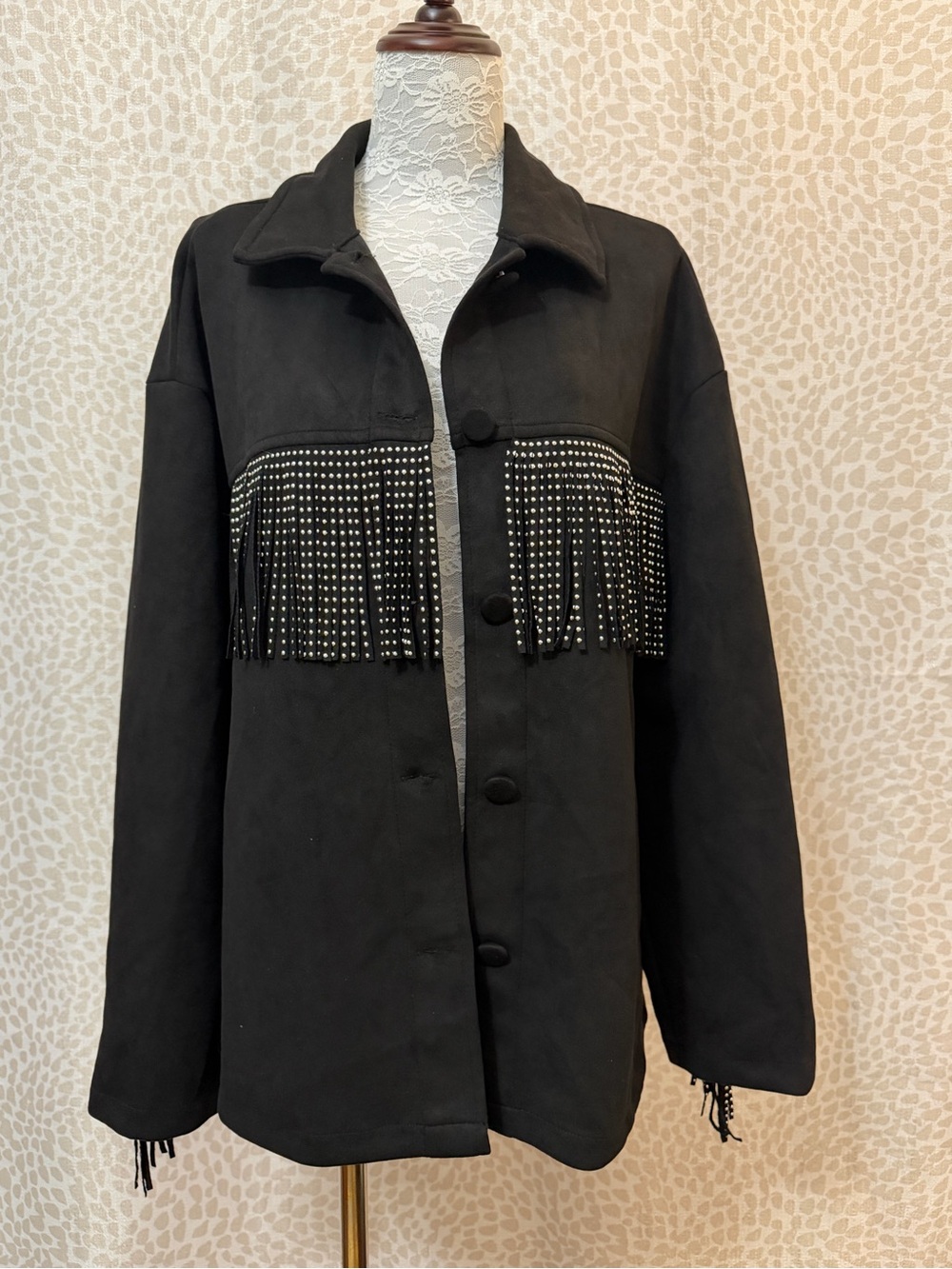 Sweet Rain Soft Black Studded Fringe Button-Up Jacket
